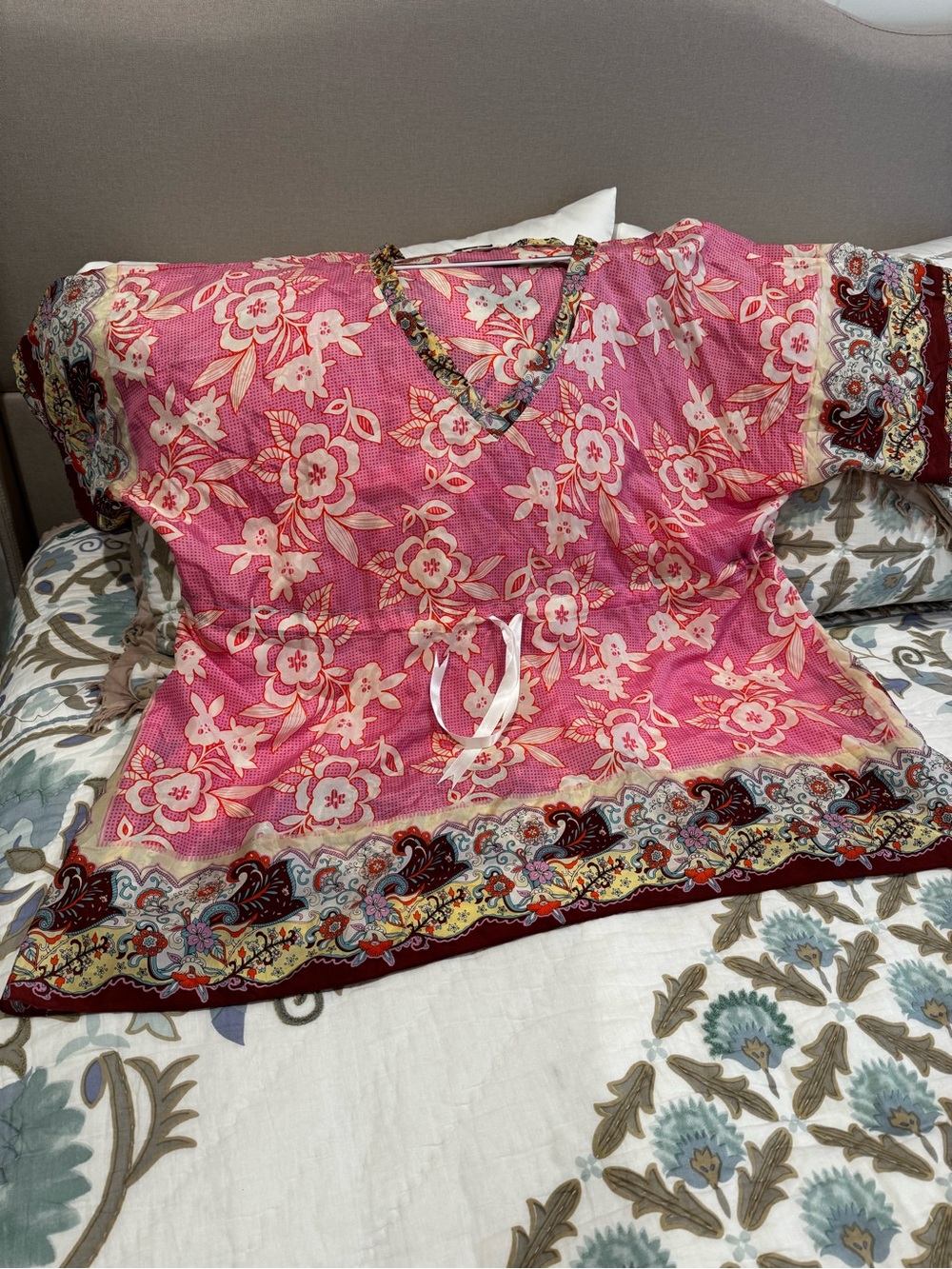 Johnny Was Pink Floral V-Neck Drawstring Tunic with Border Print
